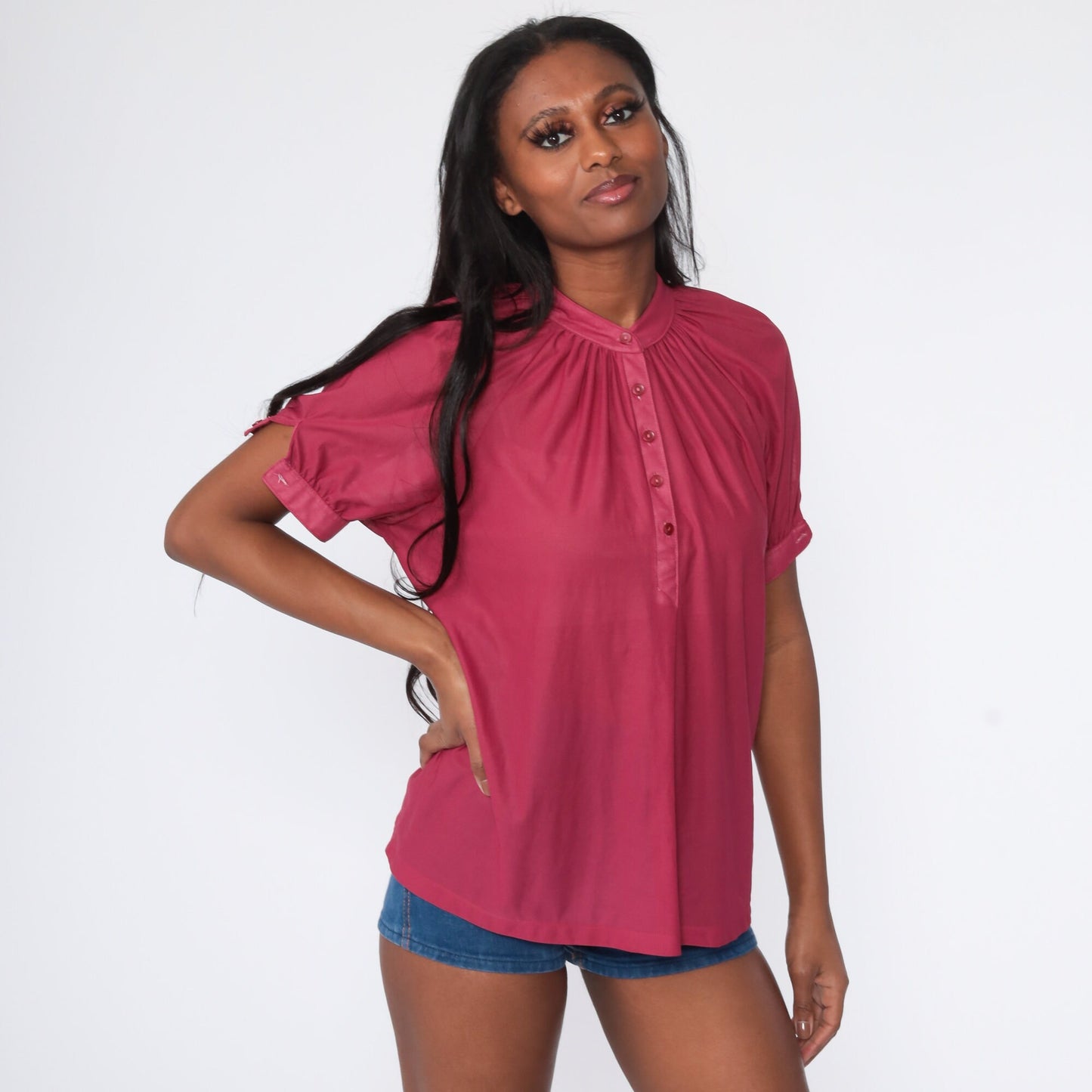 70s Deep Pink Button-Up Shirt Trapeze Cut Short Sleeve Medium