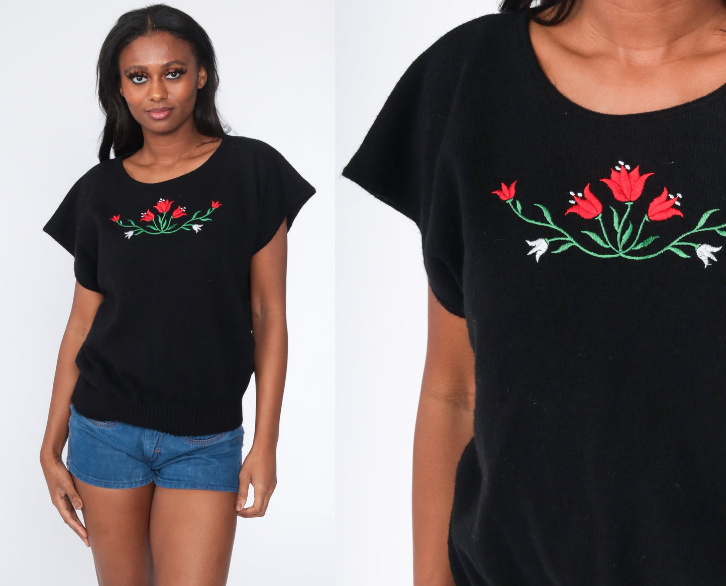 80s Floral Embroidered Black Knit Sweater Short Sleeve Top Large