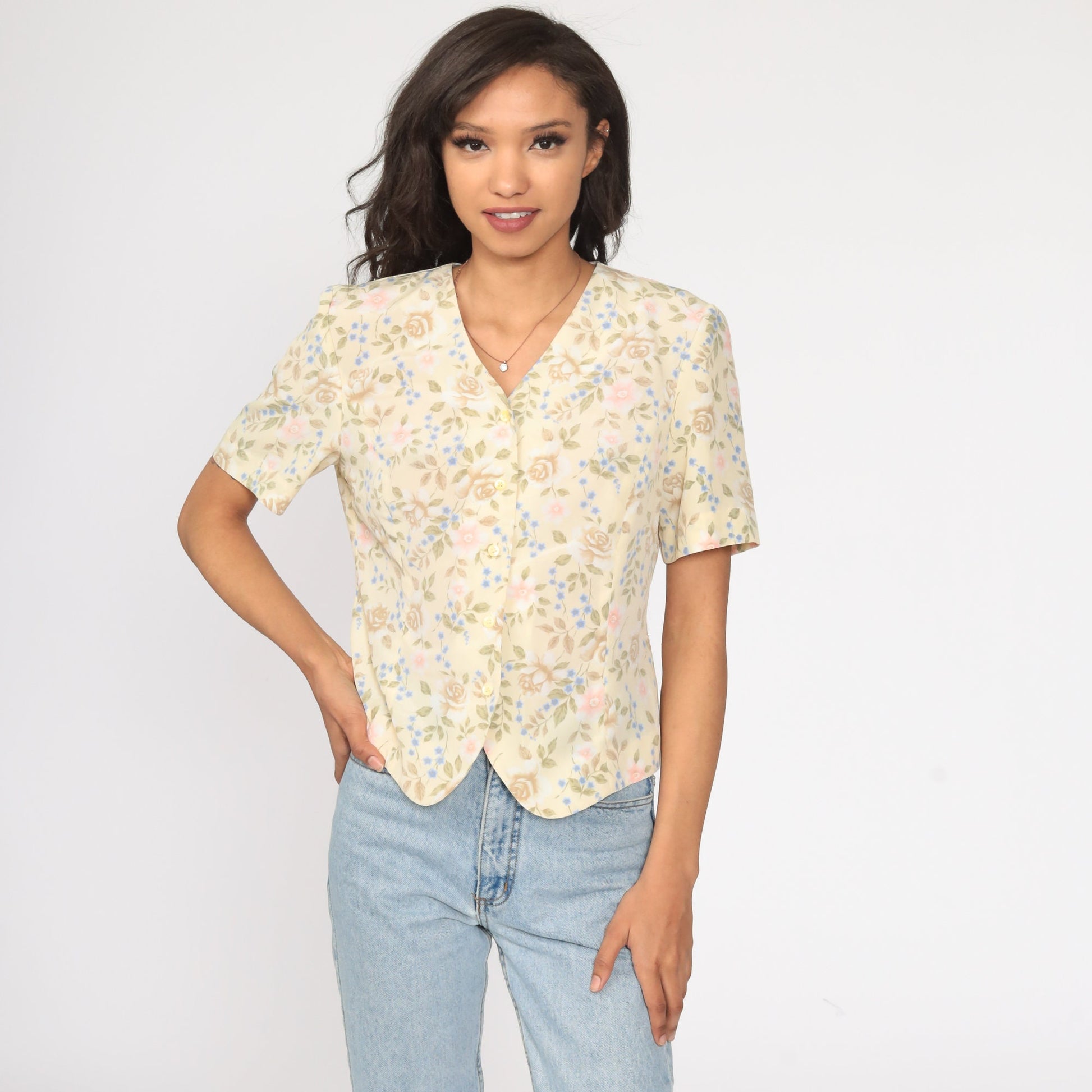 90s Yellow Floral Button-Up Shirt Short Sleeve Blouse Medium
