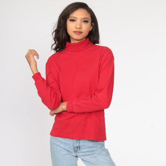 80s Red Turtleneck Long Sleeve Cotton Shirt Small Medium