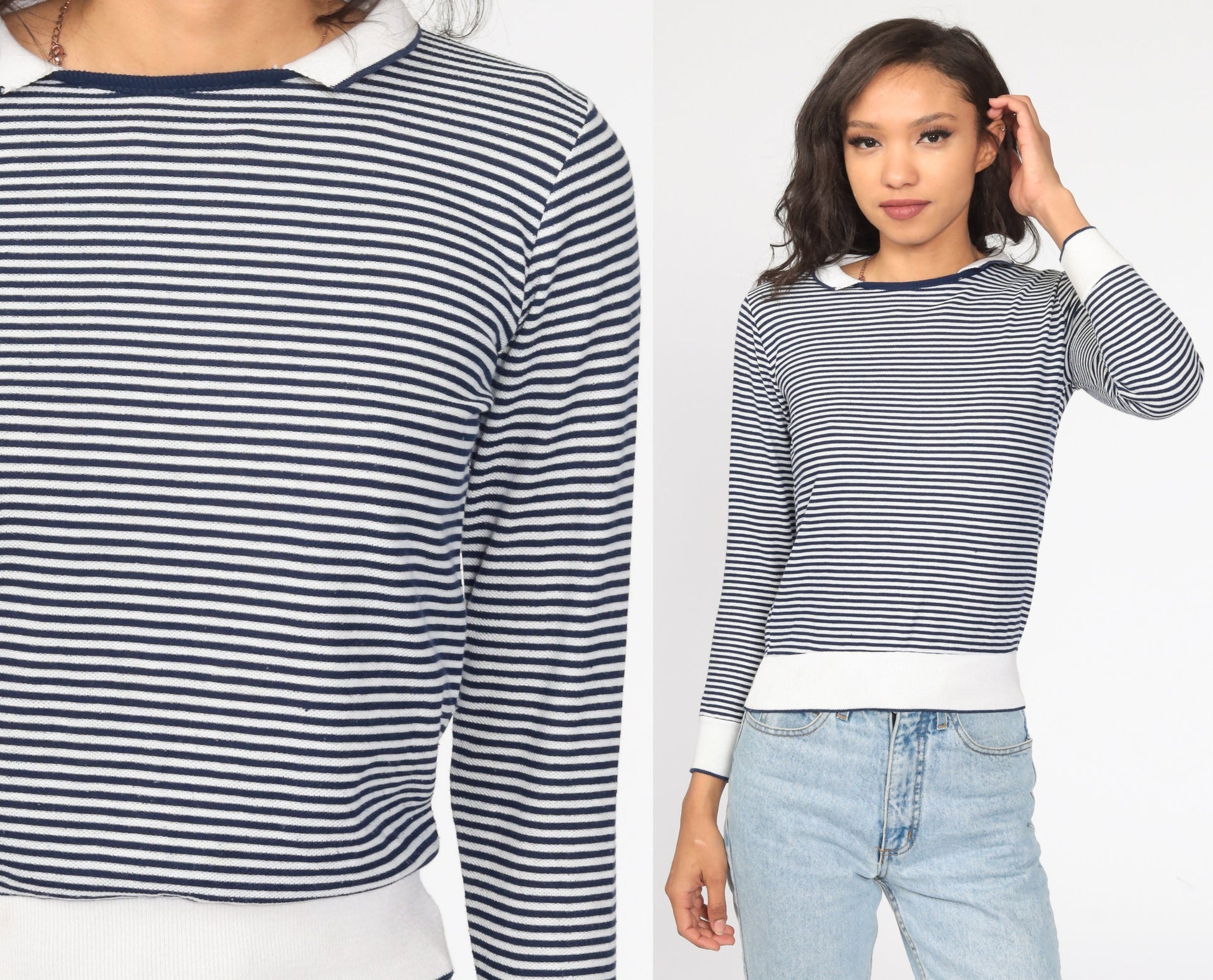80s Blue White Striped Collared Shirt Long Sleeve Cotton Small