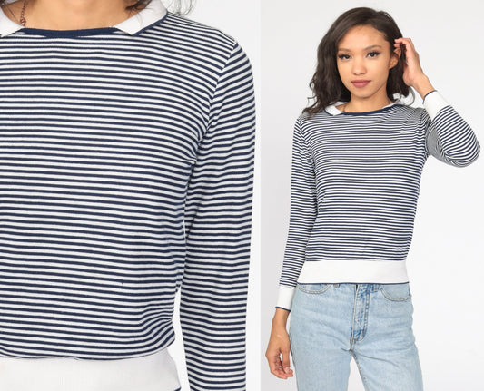 80s Blue White Striped Collared Shirt Long Sleeve Cotton Small