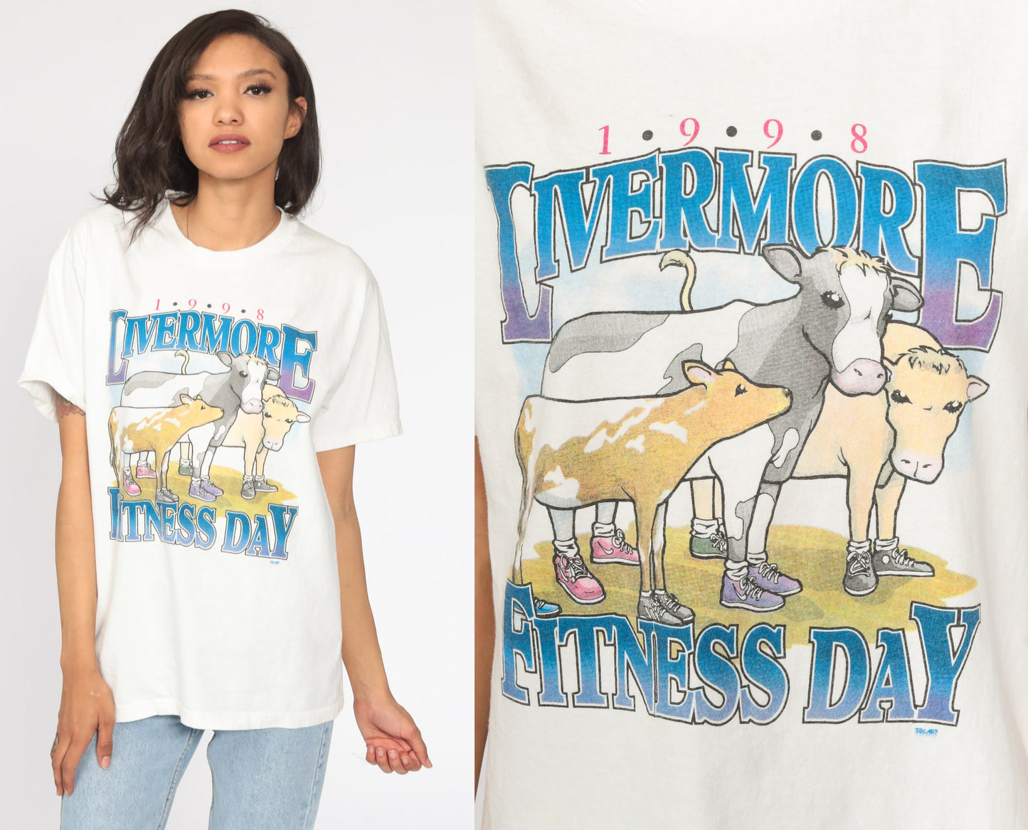 1998 Livermore Fitness Day Cow Running T-Shirt 90s California Graphic Medium