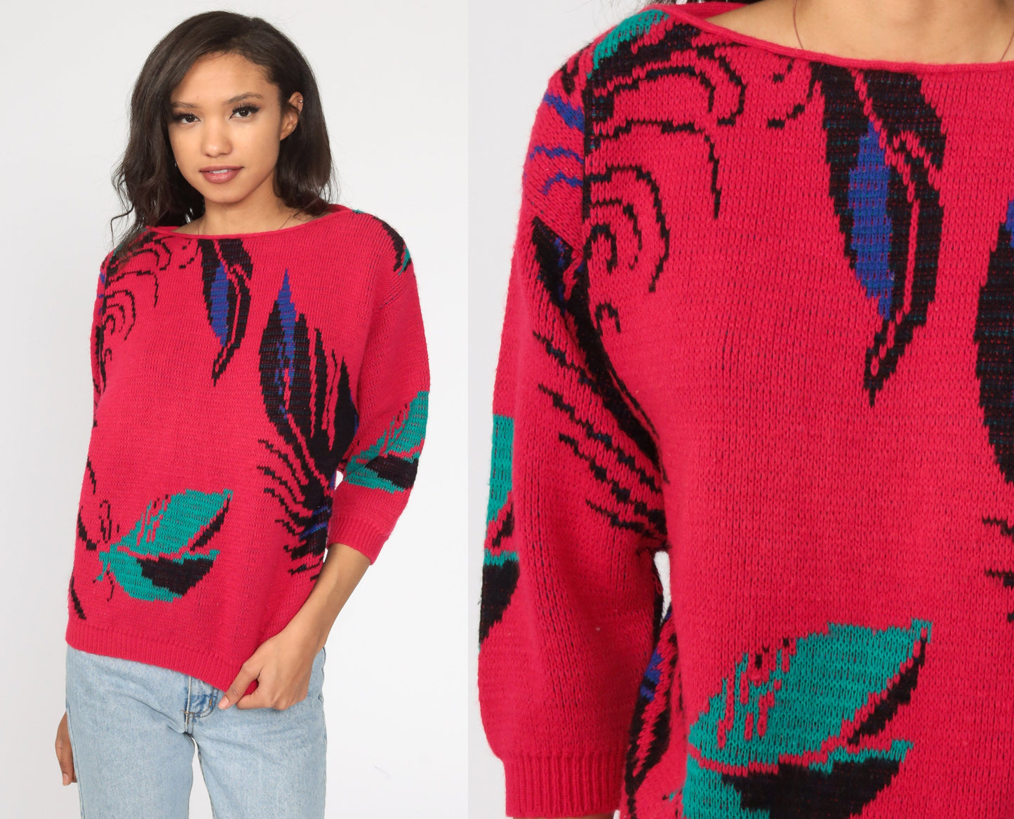 80s Pink Leaf Knit Sweater 3/4 Sleeve Pullover Small S