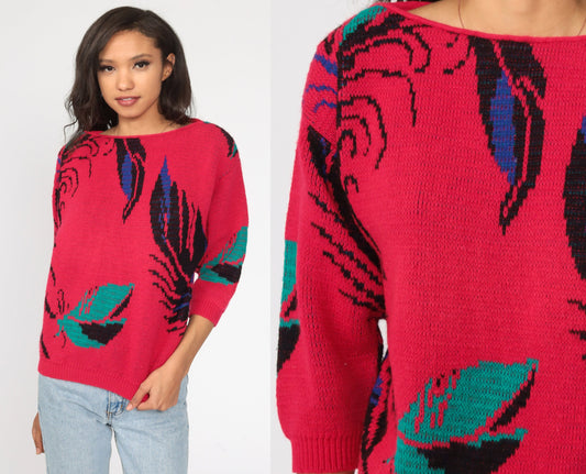 80s Pink Leaf Knit Sweater 3/4 Sleeve Pullover Small S