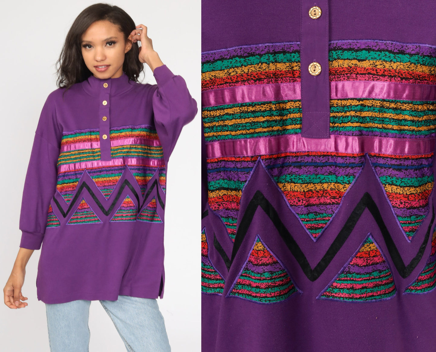 80s Purple Rainbow Striped Cotton Button-Up Blouse Mock Neck Medium