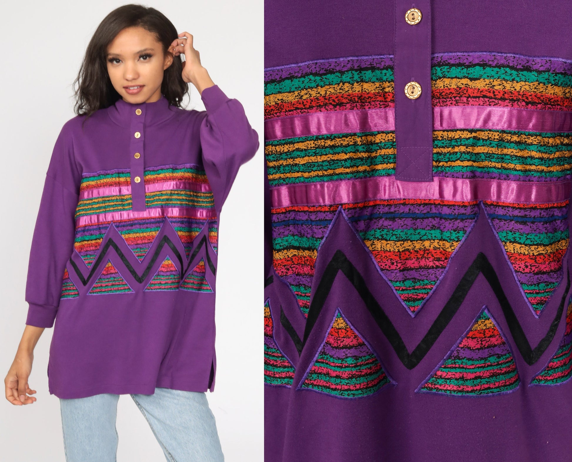 80s Purple Rainbow Striped Cotton Button-Up Blouse Mock Neck Medium