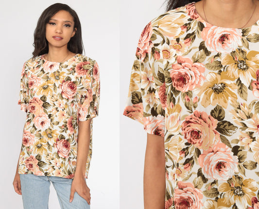 90s Floral Print Shirt Short Sleeve Blouse Polyester Medium