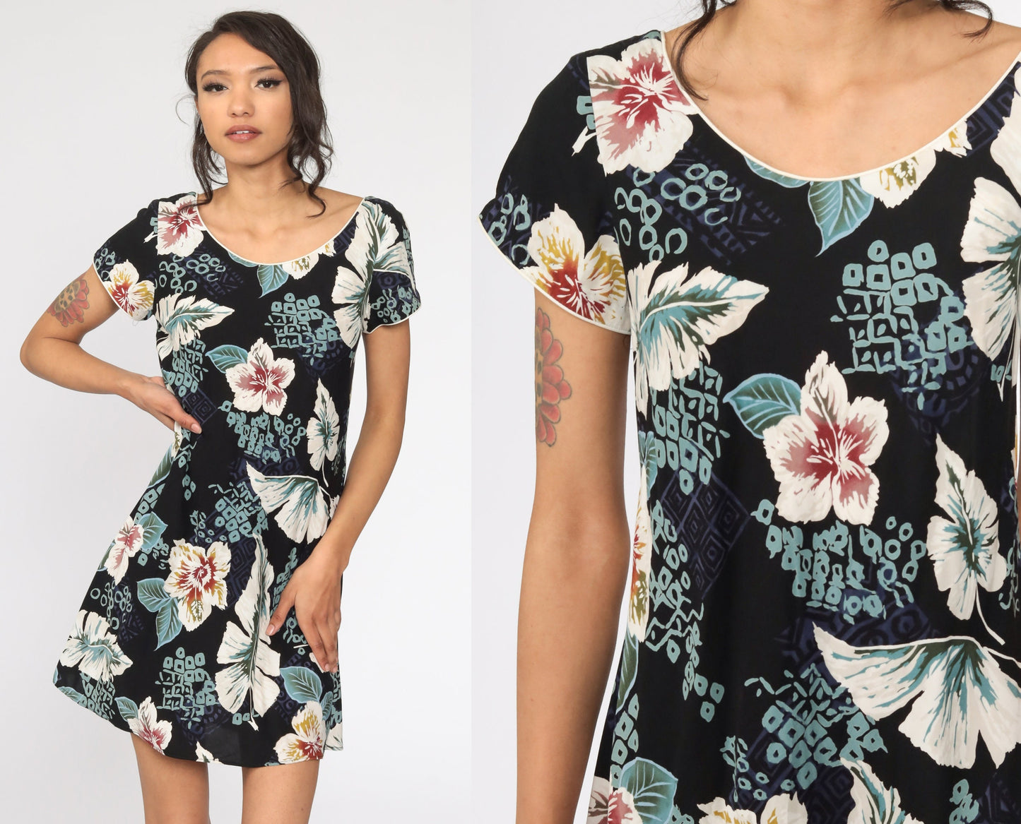 90s Floral Mini Dress Black Tropical Flower Print Shift Sundress Small