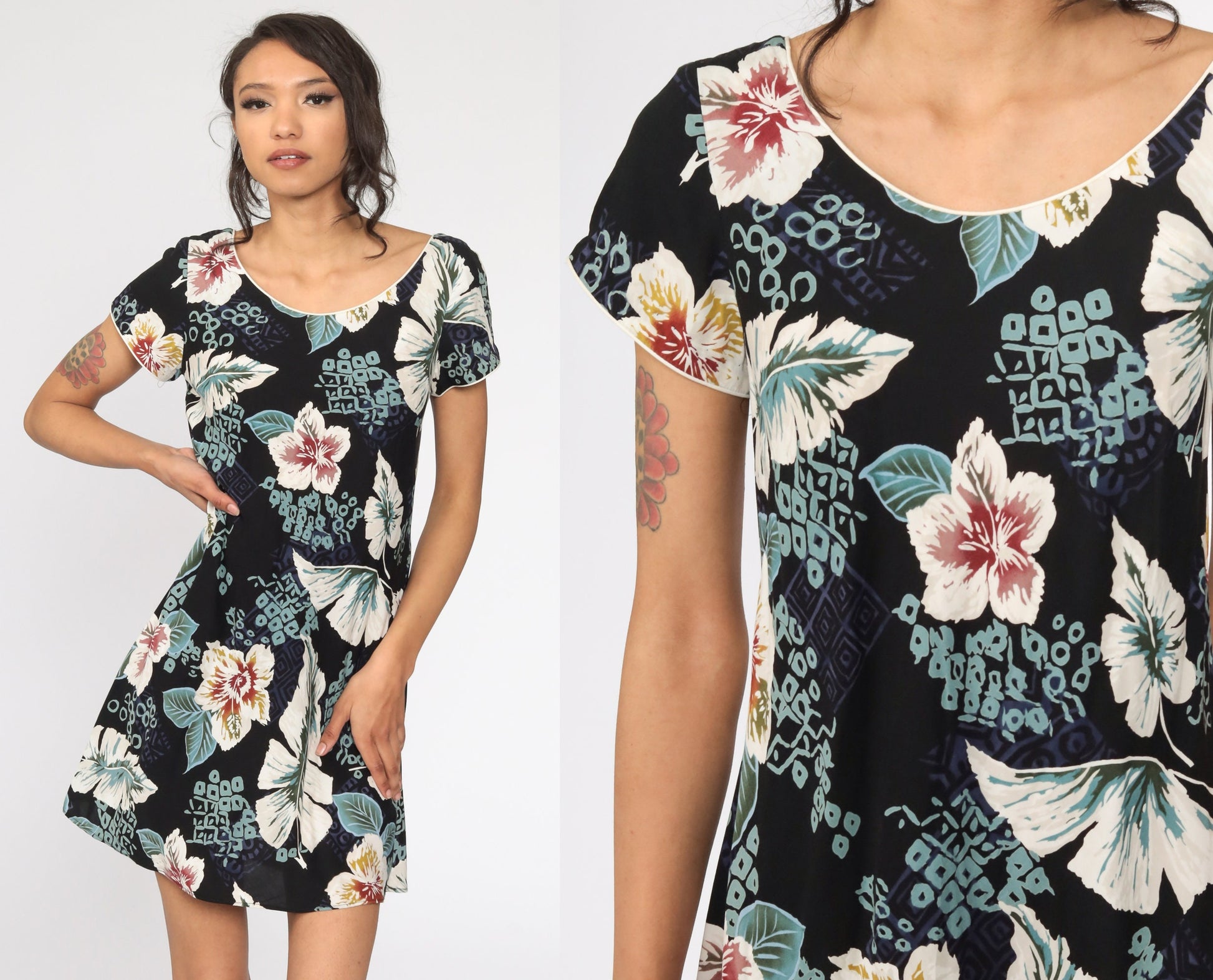 90s Floral Mini Dress Black Tropical Flower Print Shift Sundress Small