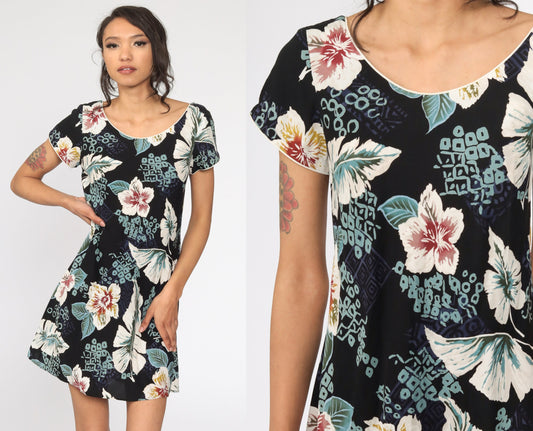 90s Floral Mini Dress Black Tropical Flower Print Shift Sundress Small