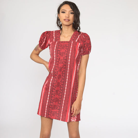 80s Red Geometric Tribal Puff Sleeve Mini Dress Shift Cut Small