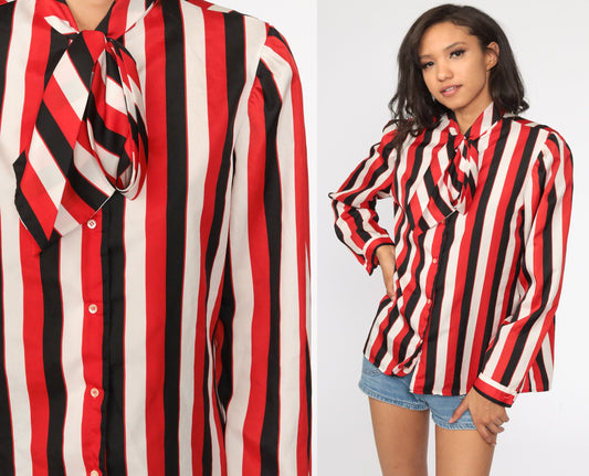 80s Striped Ascot Blouse Red Black White Puff Sleeve Button Up Medium
