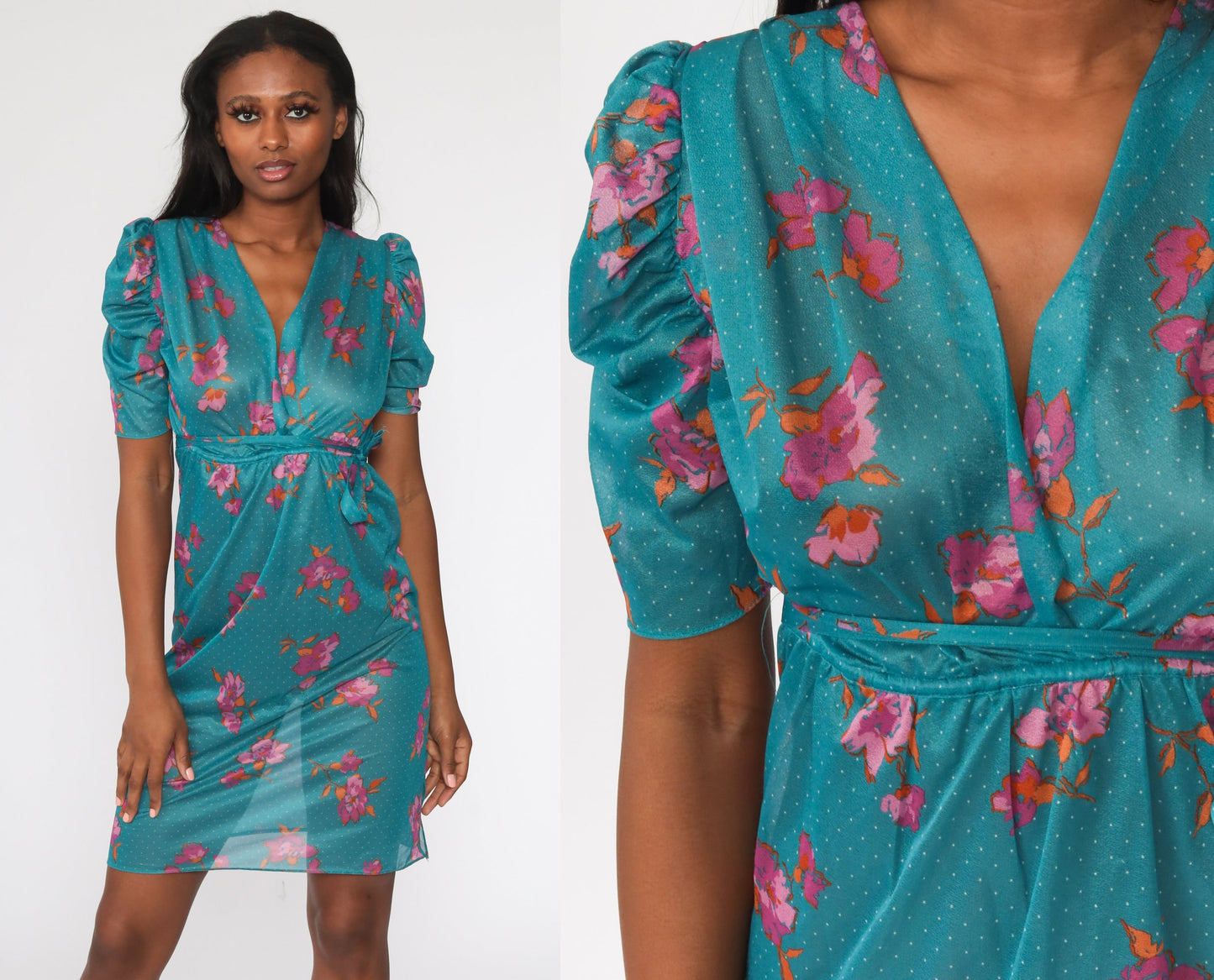 1970s Floral Midi Dress Blue Purple V-Neck Puff Sleeve Wrap High Waist Small