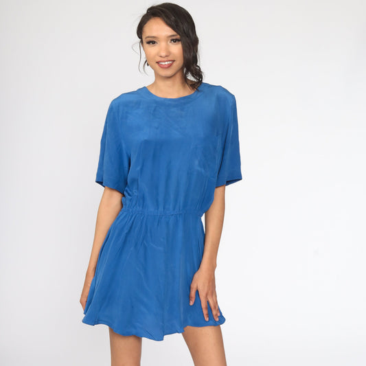 80s Blue Silk Mini Dress High Waist Button Back Short Sleeve Medium