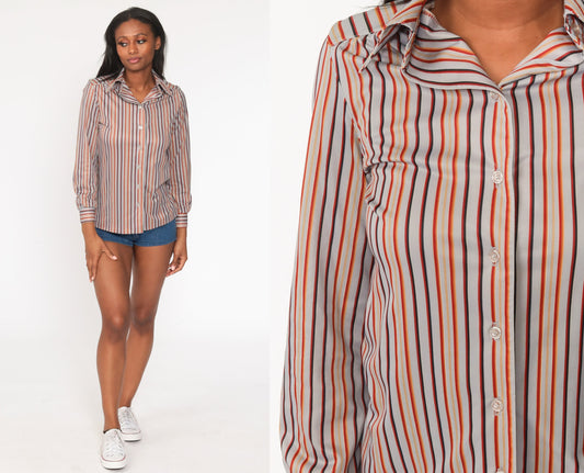 70s Striped Grey Button-Up Shirt Long Sleeve Disco Blouse Small