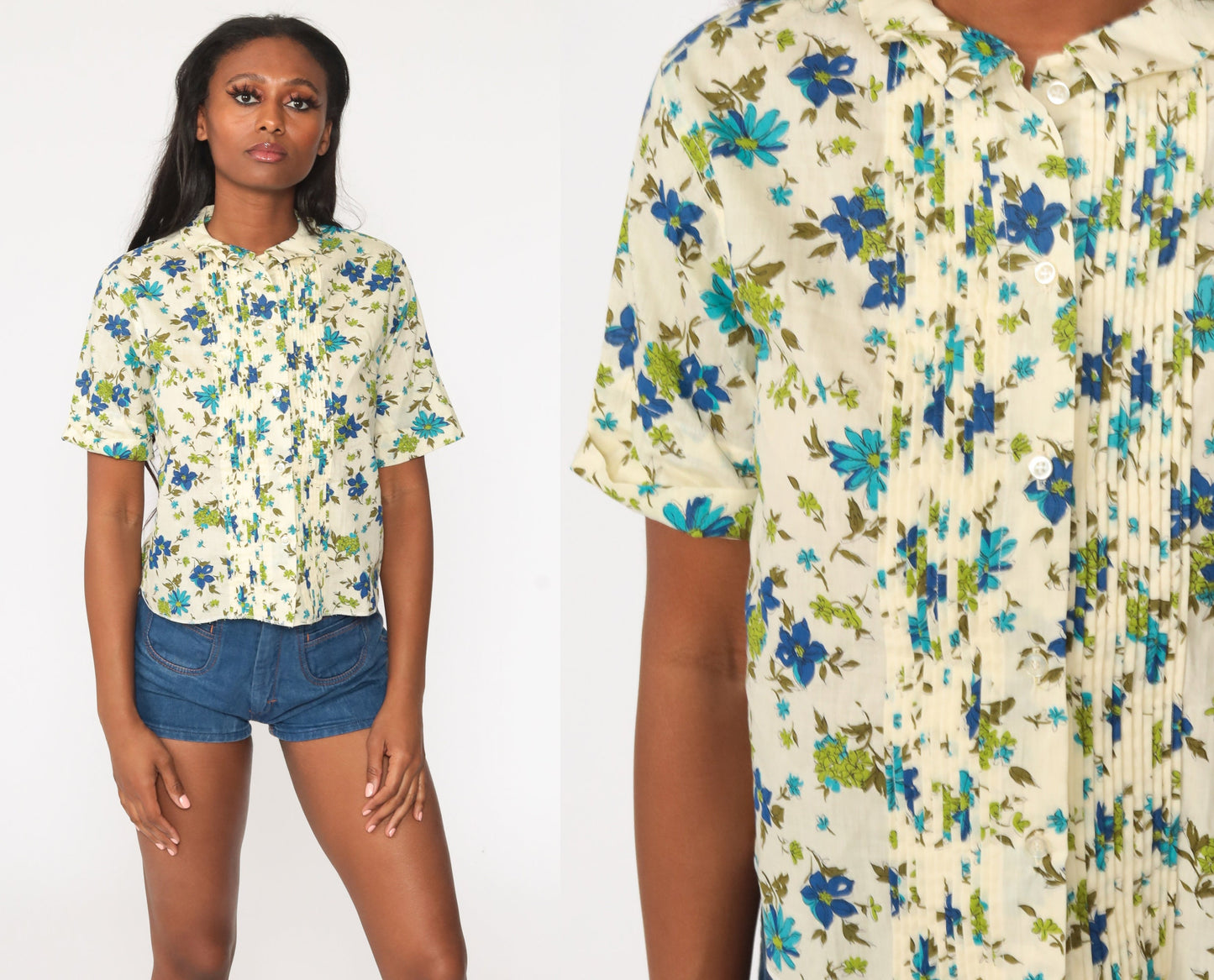 60s Yellow Floral Blouse Peter Pan Collar Button Up Short Sleeve Small