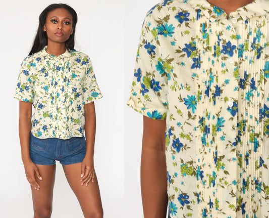 60s Yellow Floral Blouse Peter Pan Collar Button Up Short Sleeve Small