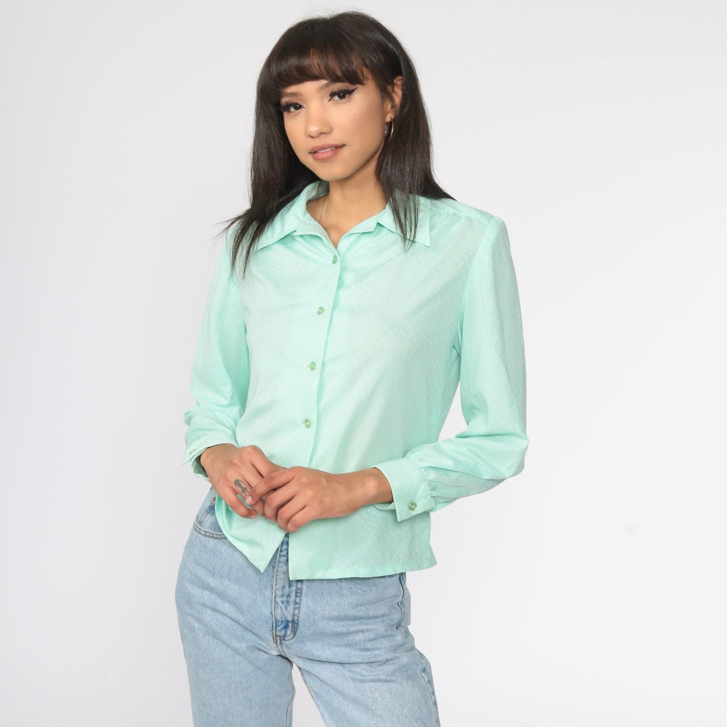 70s Mint Green Polka Dot Button-Up Blouse Long Sleeve Collar Medium