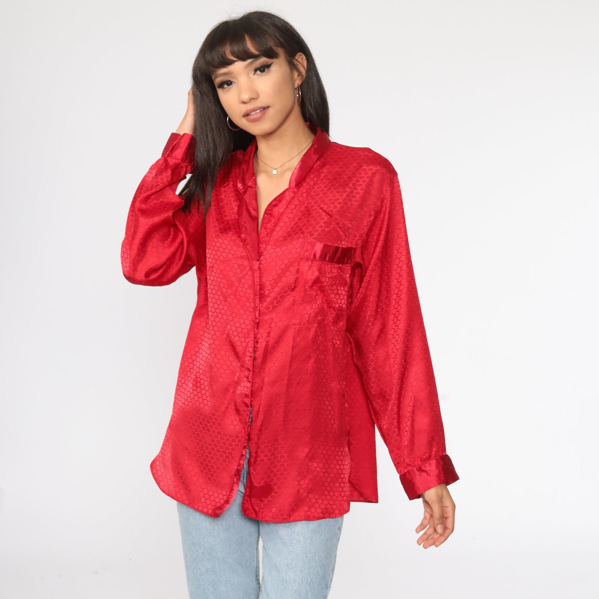 90s Victoria's Secret Red Satin Pajama Top Button-Up Medium