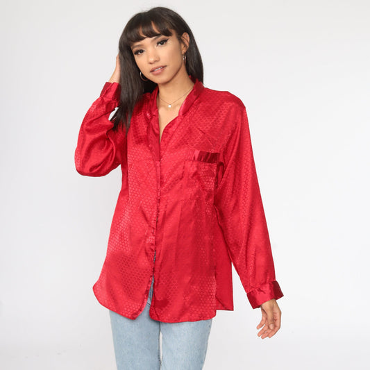 90s Victoria's Secret Red Satin Pajama Top Button-Up Medium