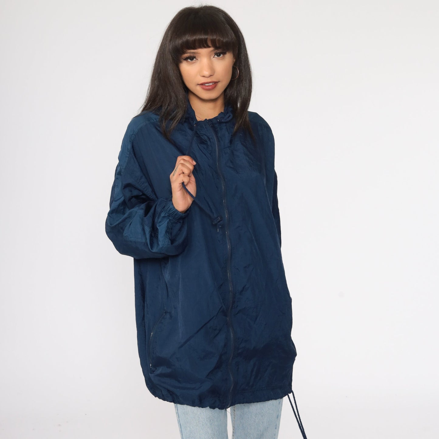 90s Navy Windbreaker Jacket Drawstring Neck Nylon Extra Large XL