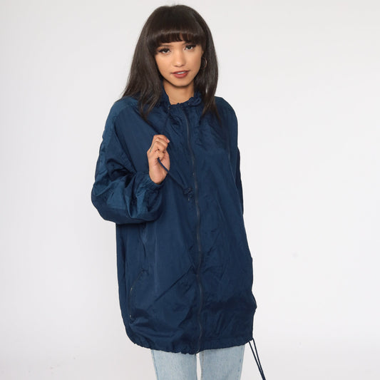 90s Navy Windbreaker Jacket Drawstring Neck Nylon Extra Large XL