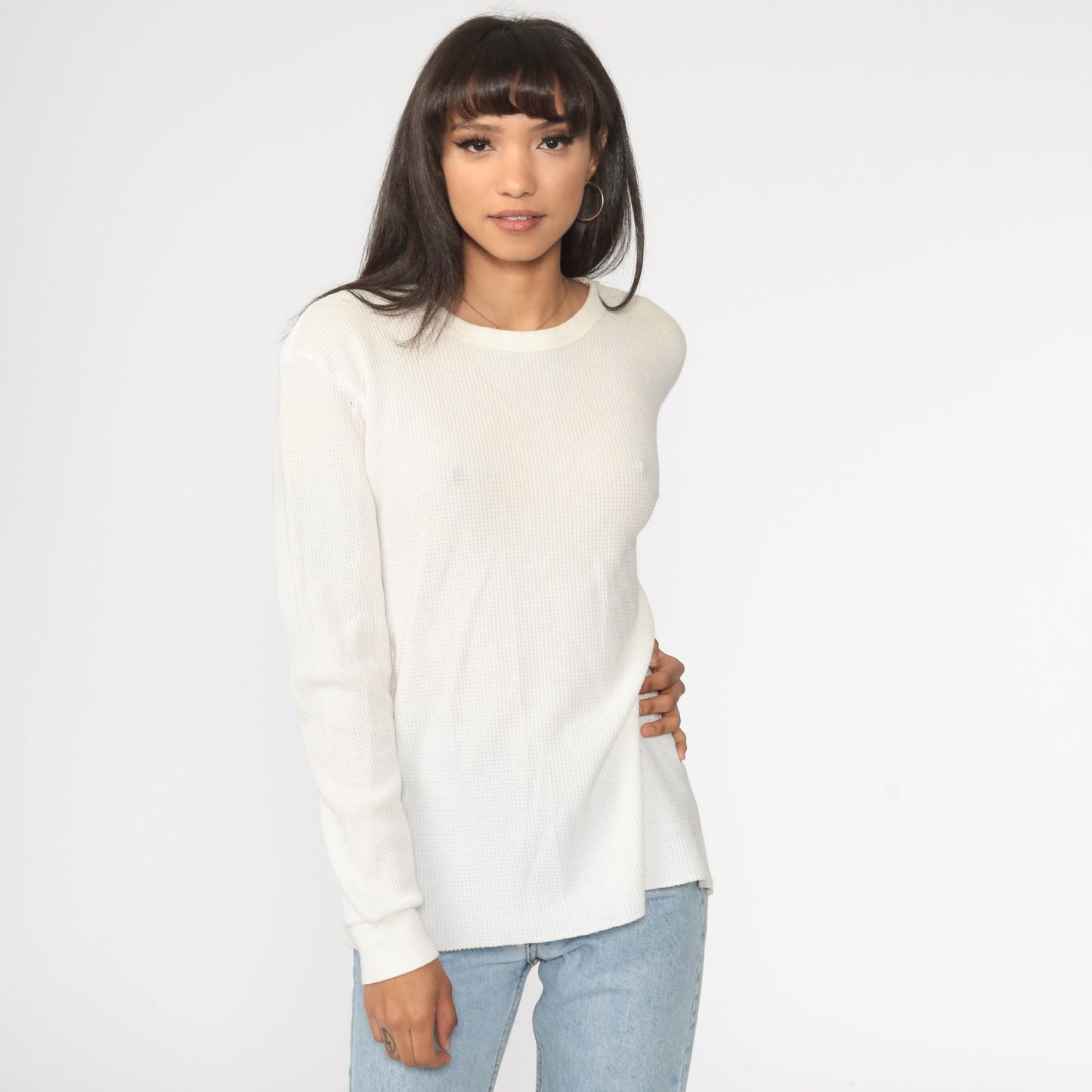 80s Cream Waffle Knit Thermal Shirt Long Sleeve Undershirt Extra Large
