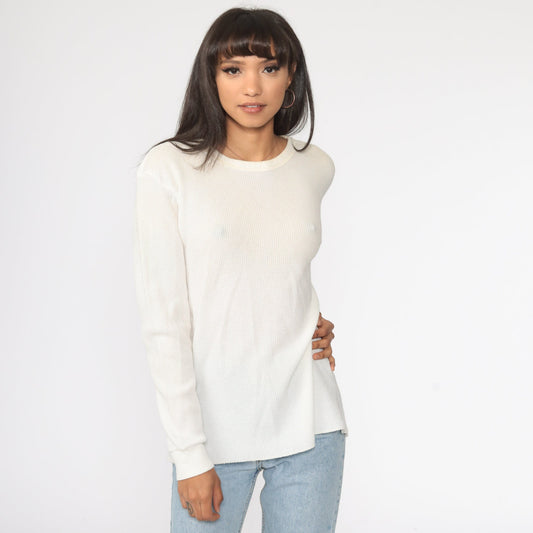 80s Cream Waffle Knit Thermal Shirt Long Sleeve Undershirt Extra Large