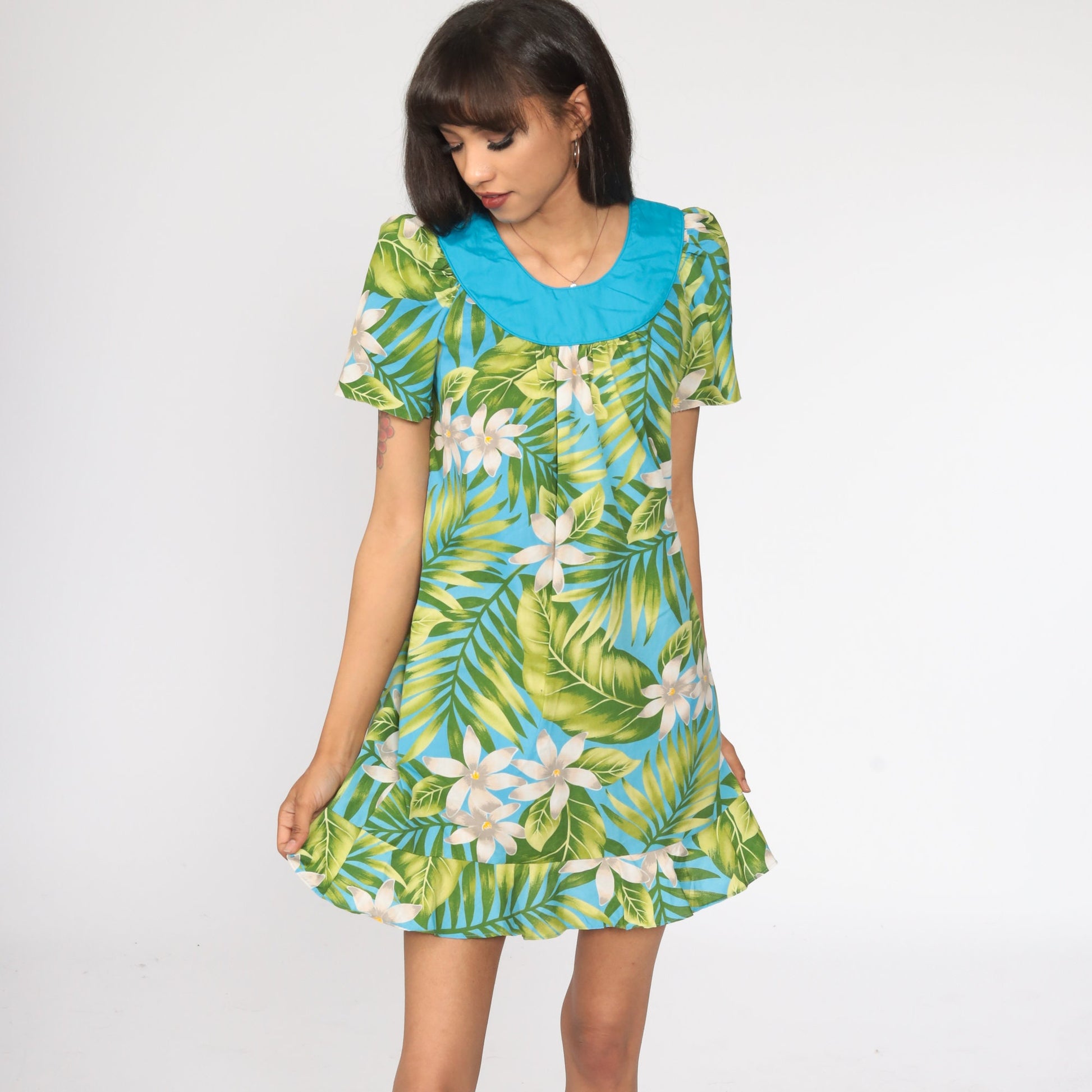 80s Floral Mini Dress Puff Sleeve Tent Cut Green Blue Extra Small