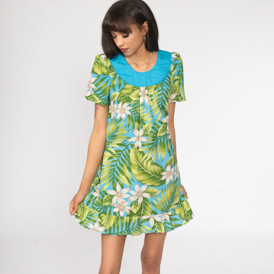 80s Floral Mini Dress Puff Sleeve Tent Cut Green Blue Extra Small