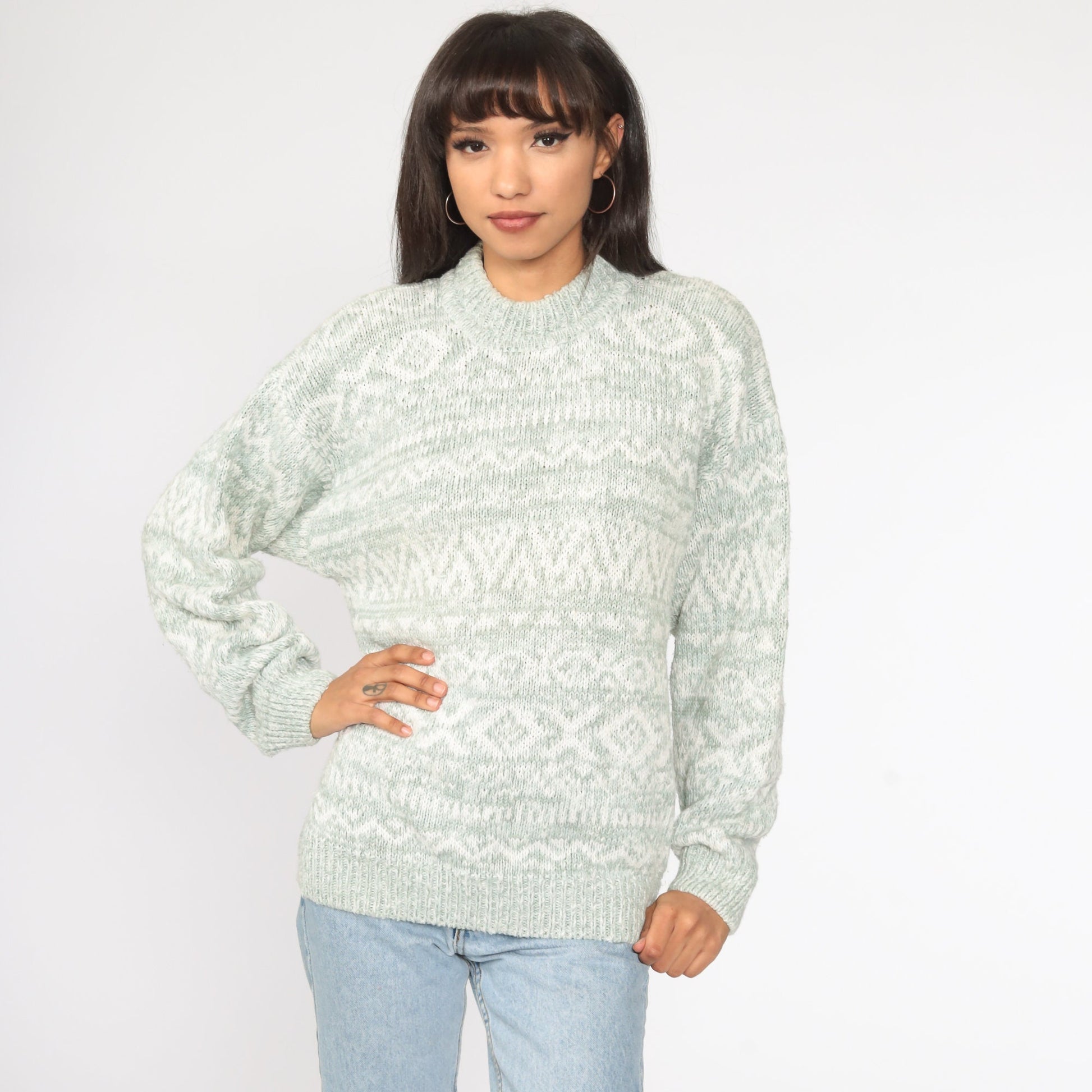 90s Geometric Print Sweater Green Cotton Ramie Knit Pullover Large L