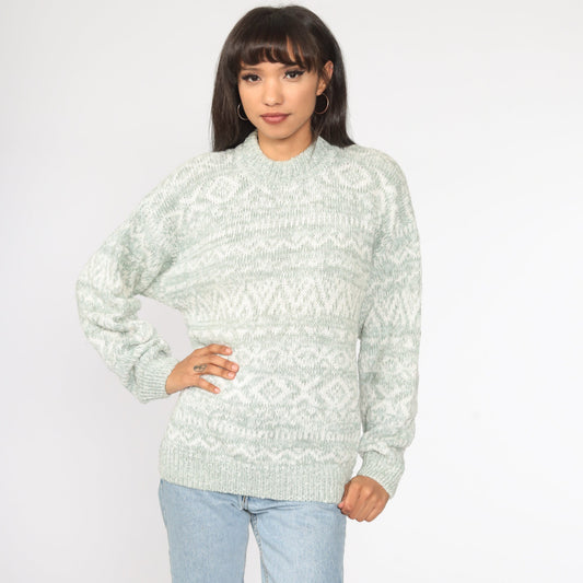 90s Geometric Print Sweater Green Cotton Ramie Knit Pullover Large L