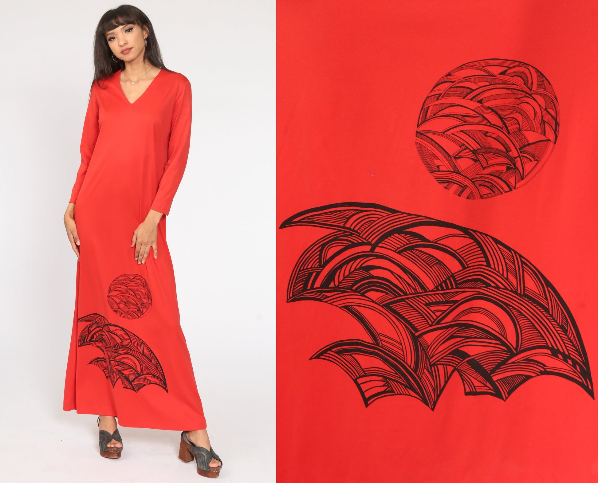 70s Red Abstract Graphic Maxi Dress Long Sleeve V Neck Medium