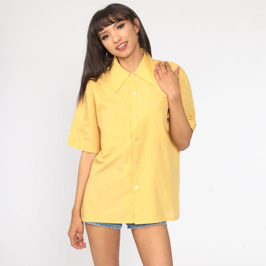 70s Yellow Button-Up Shirt Pointed Collar Short Sleeve Disco Blouse Large