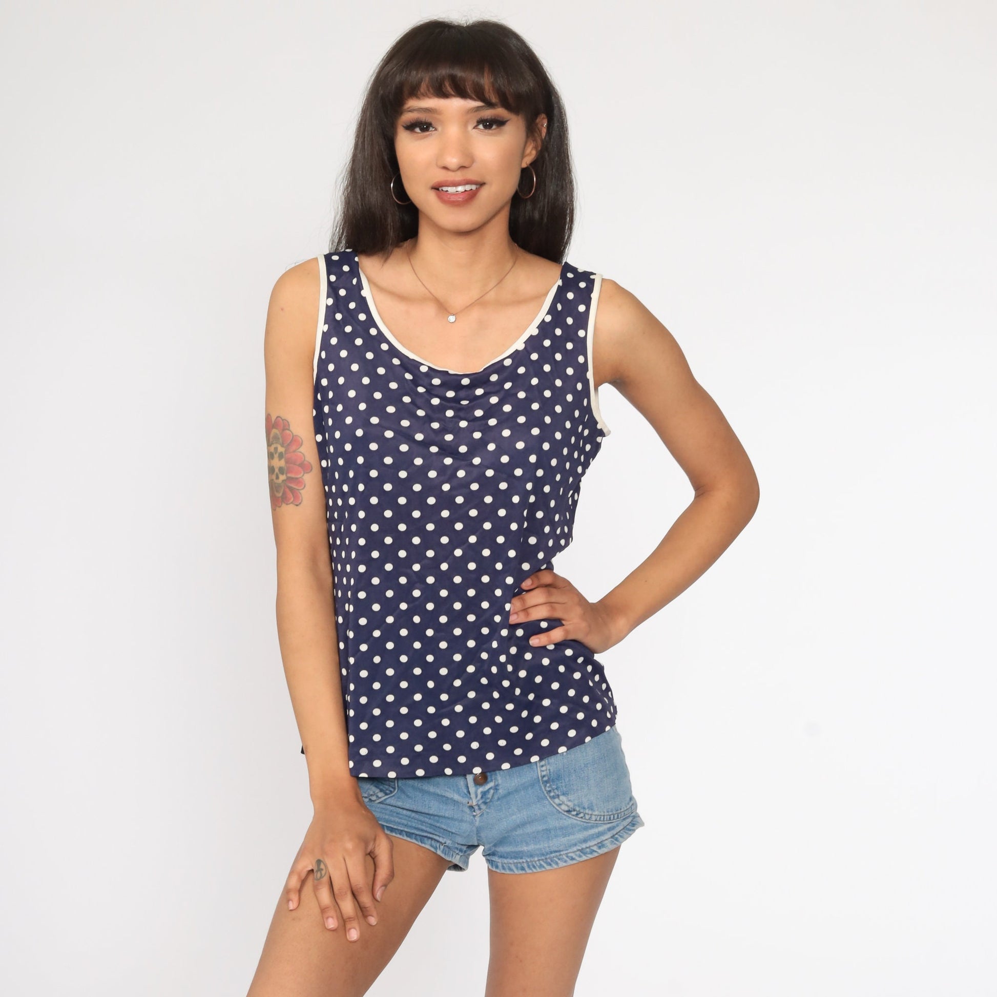 70s Dark Blue Polka Dot Tank Top Sleeveless Shirt Medium