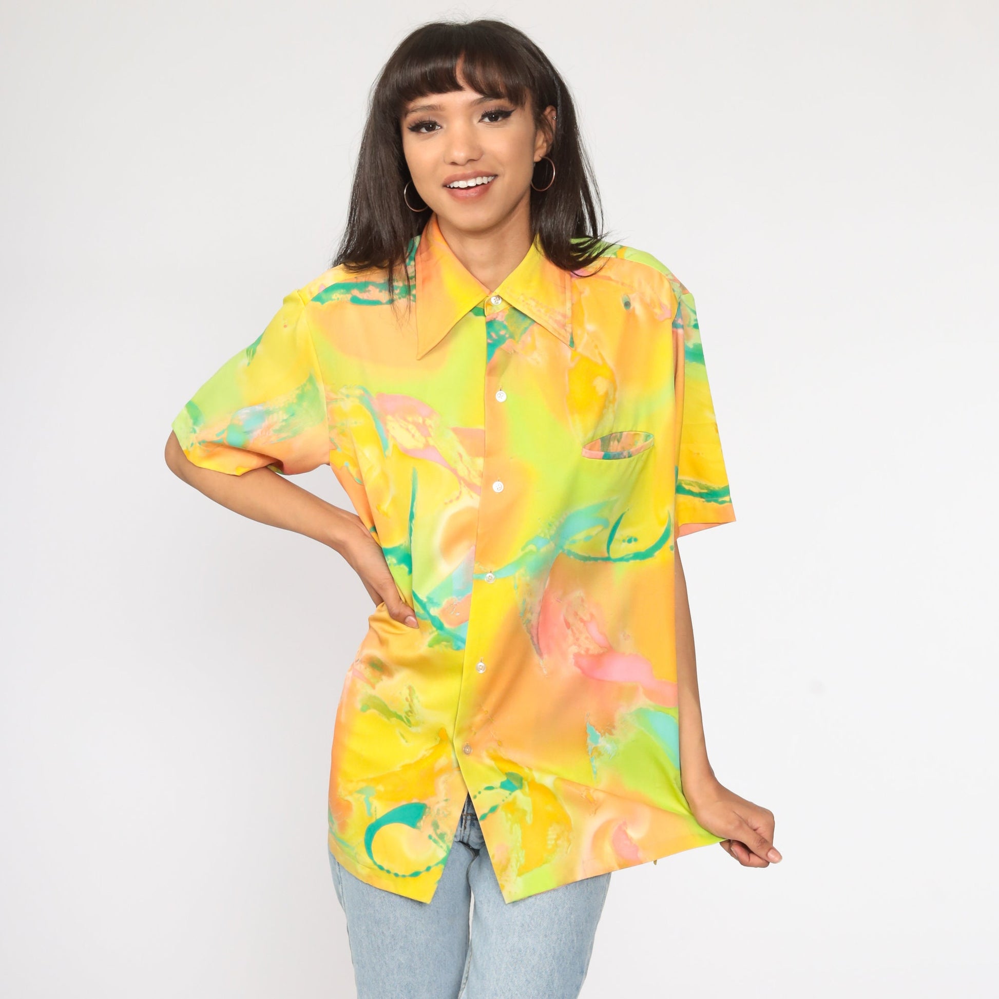 70s Psychedelic Print Button-Up Shirt Neon Yellow Short Sleeve Extra Large