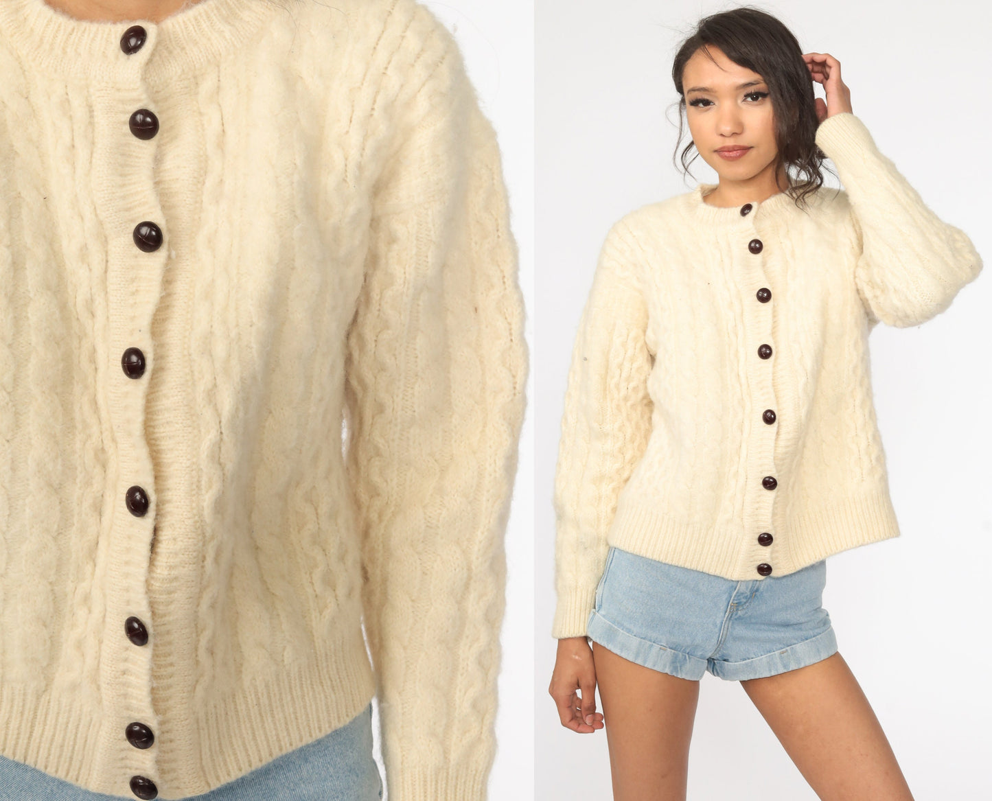80s Wool Cable Knit Cardigan Cream Fisherman Sweater Button Up Extra Small