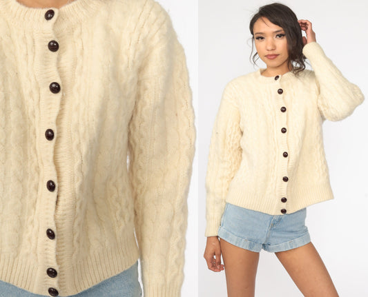 80s Wool Cable Knit Cardigan Cream Fisherman Sweater Button Up Extra Small