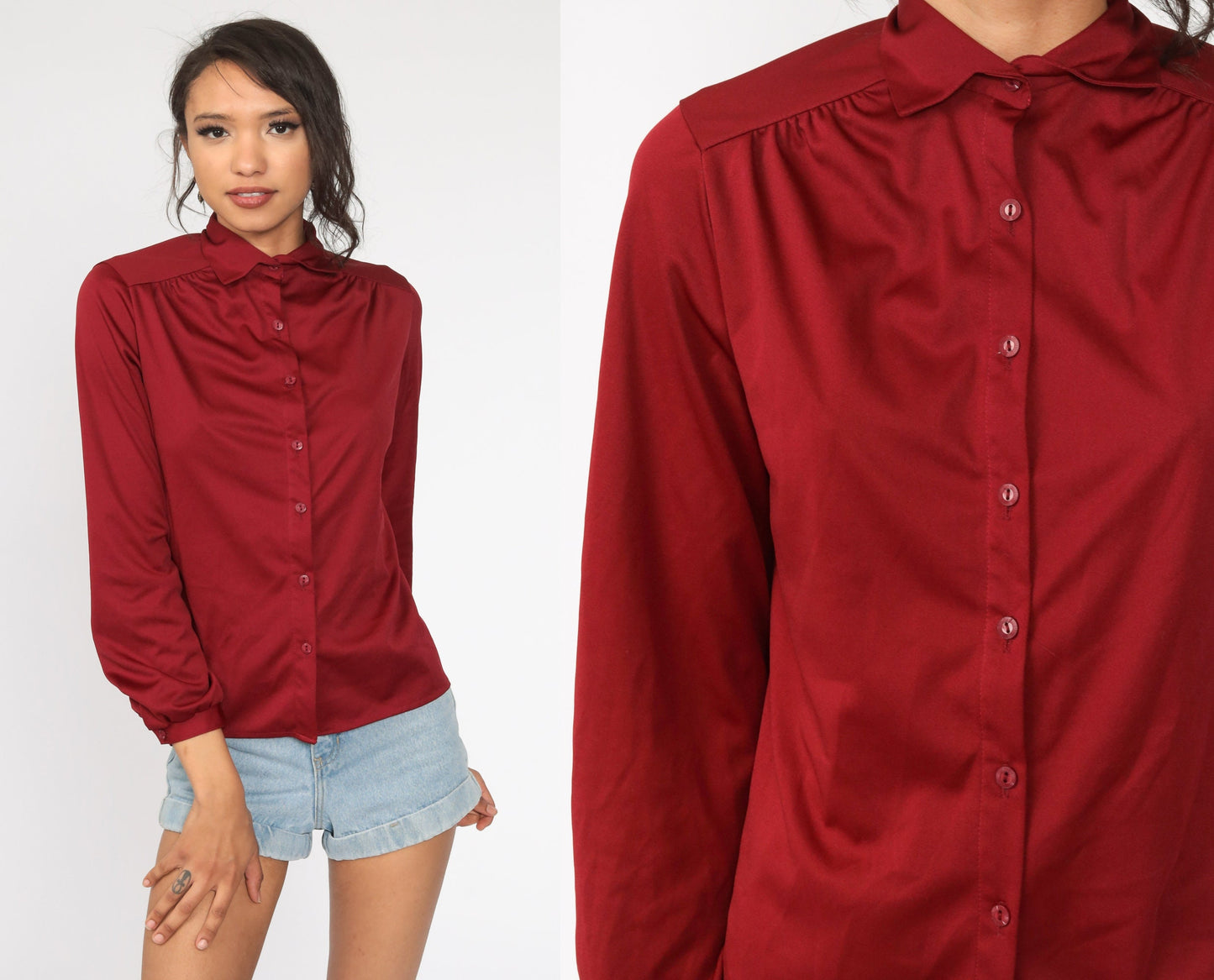 70s Burgundy Button-Up Shirt Long Sleeve Collared Blouse Small