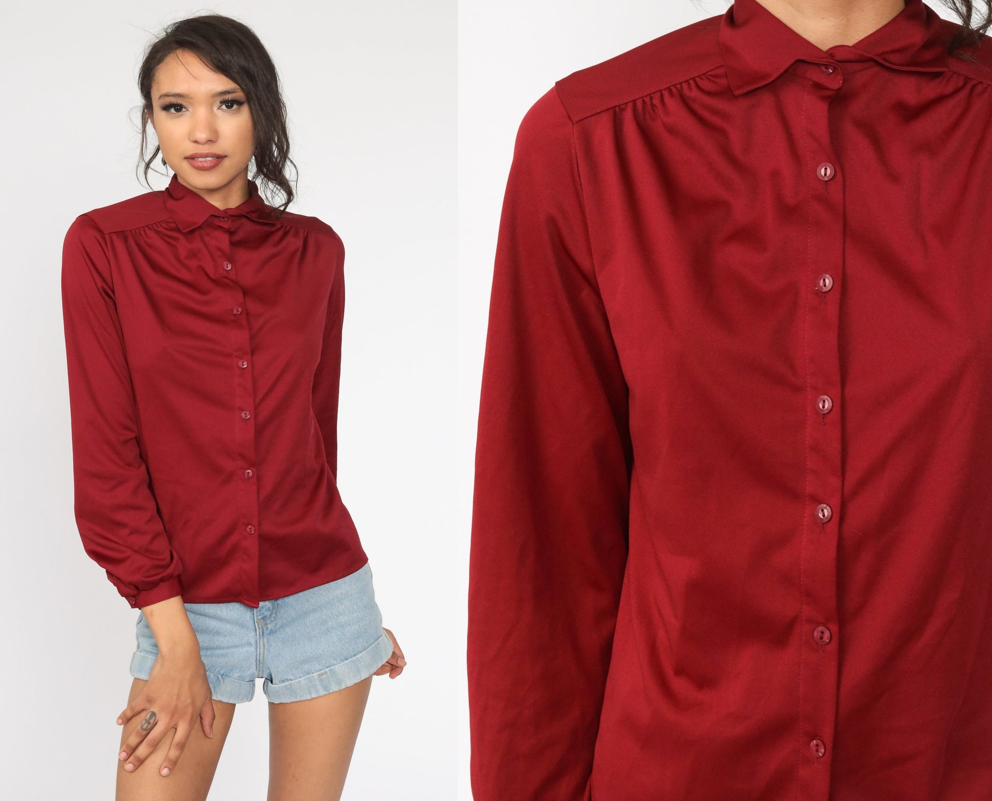 70s Burgundy Button-Up Shirt Long Sleeve Collared Blouse Small