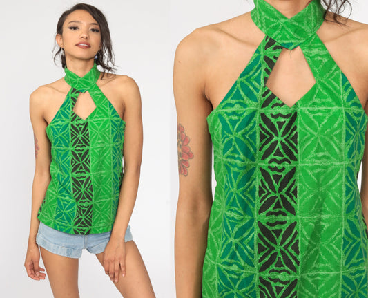 90s Tribal Print Tank Top Green Keyhole Choker Cotton Small