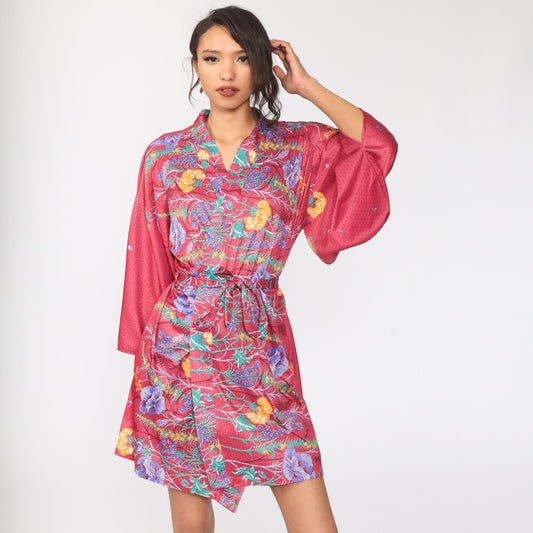 70s Floral Kimono Robe Wrap Dressing Gown Tropical Print Medium Large