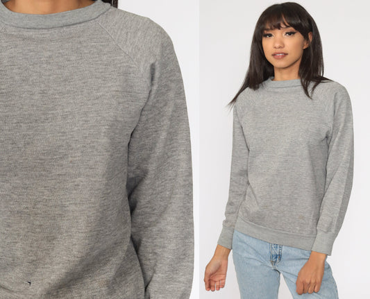 80s Grey Raglan Sweatshirt Crewneck Plain Pullover Small