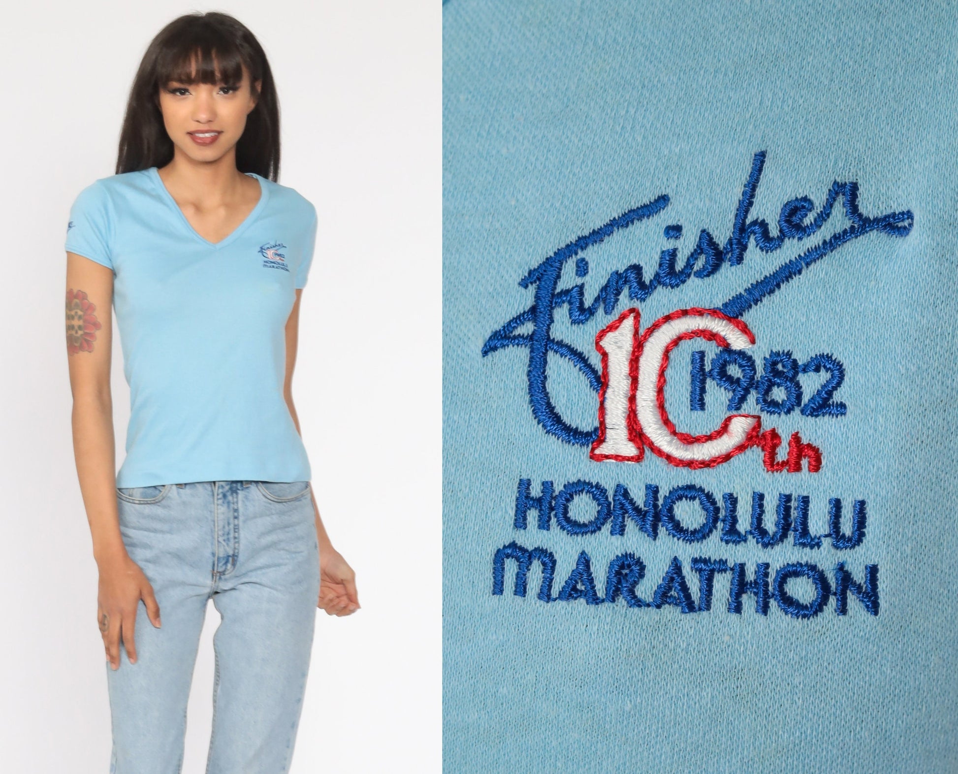 1982 Honolulu Marathon T-Shirt 80s Hawaii Running Graphic Tee Baby Blue Medium
