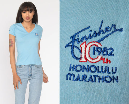 1982 Honolulu Marathon T-Shirt 80s Hawaii Running Graphic Tee Baby Blue Medium