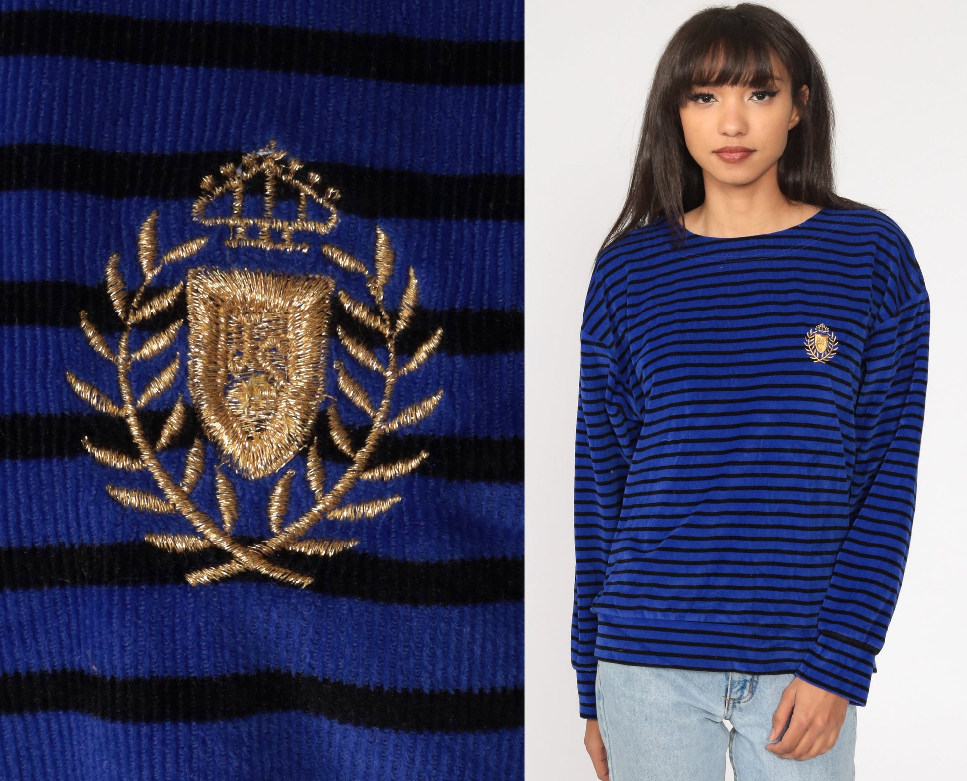 80s Striped Velour Pullover Blue Gold Crest Long Sleeve Small