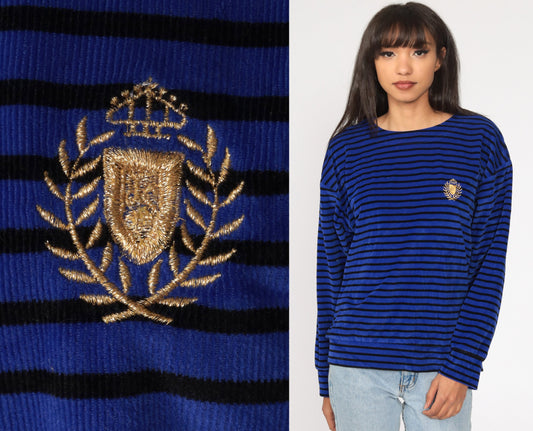 80s Striped Velour Pullover Blue Gold Crest Long Sleeve Small