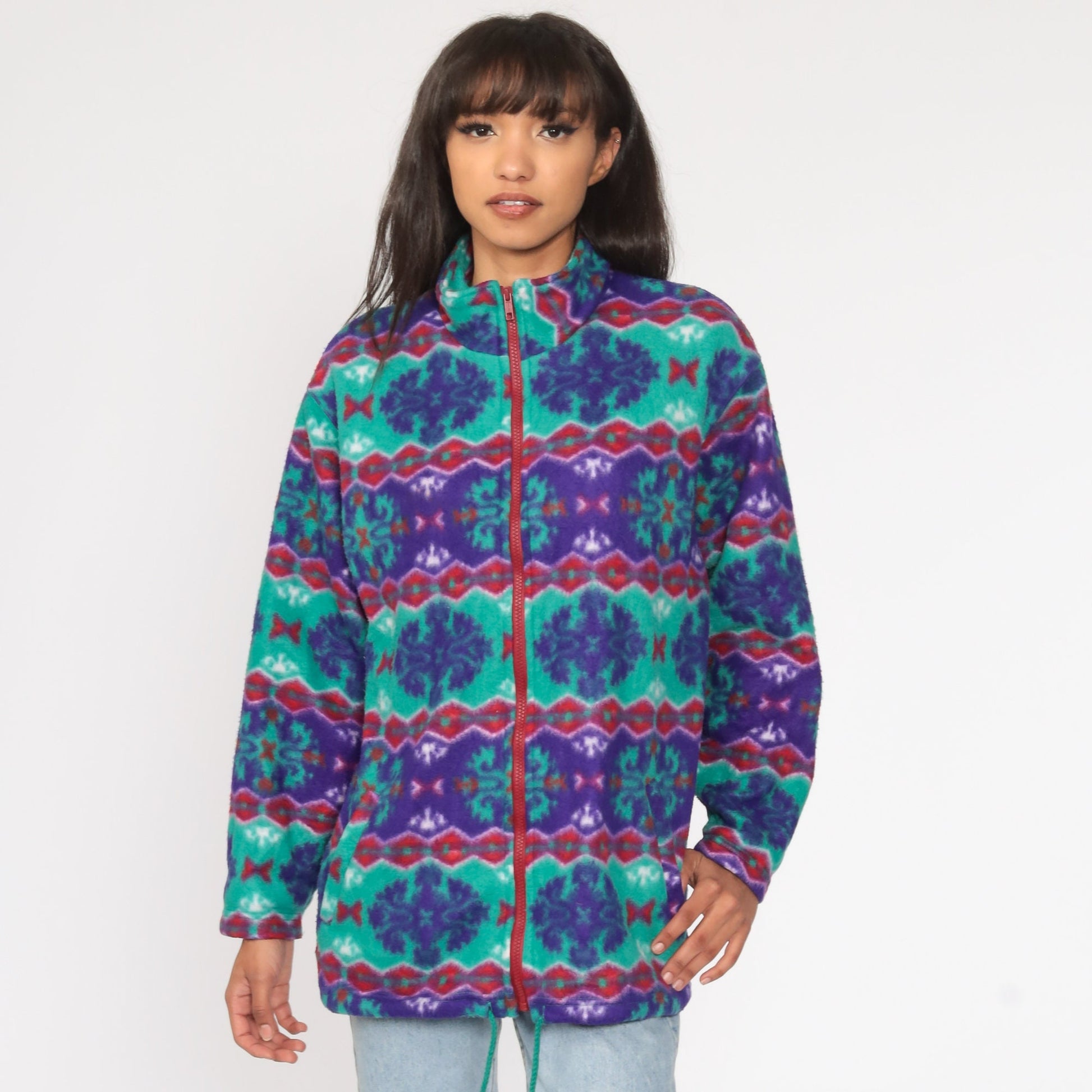 90s Geometric Fleece Jacket Zip Up Green Purple Large L