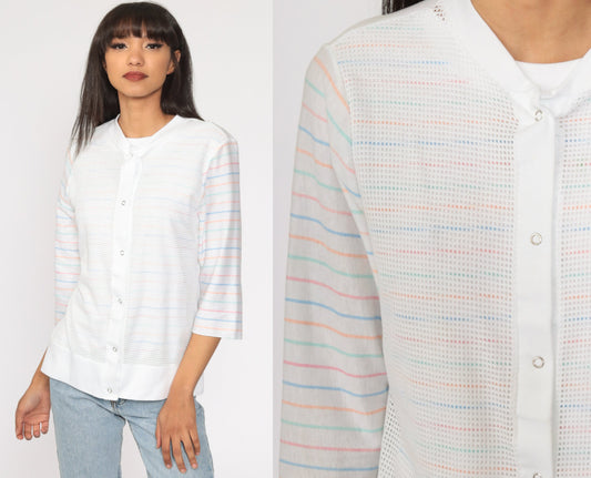 80s White Striped Mesh 3/4 Sleeve Shirt Medium